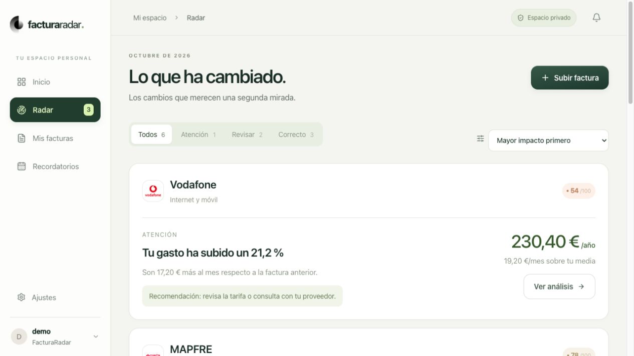 Radar de la cuenta demo: subida de Vodafone del 21,2 por ciento y de MAPFRE del 10,9 por ciento, con sus recomendaciones.