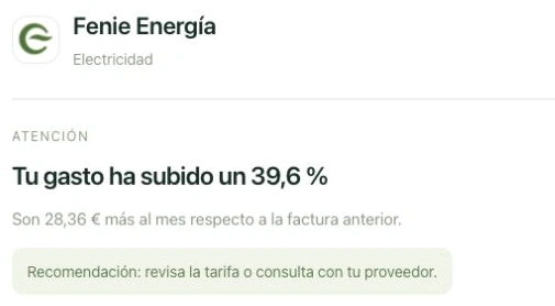 Fenie Energía: subida del 39,6 %, 28,36 € más frente a la factura anterior. Recomendación: revisar la tarifa.